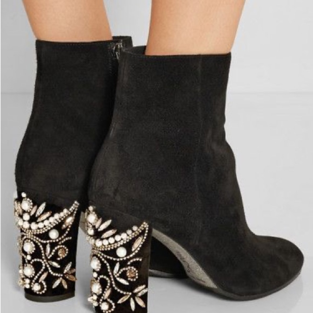 Elegant Black Suede Ankle Boots with Embellished Heels